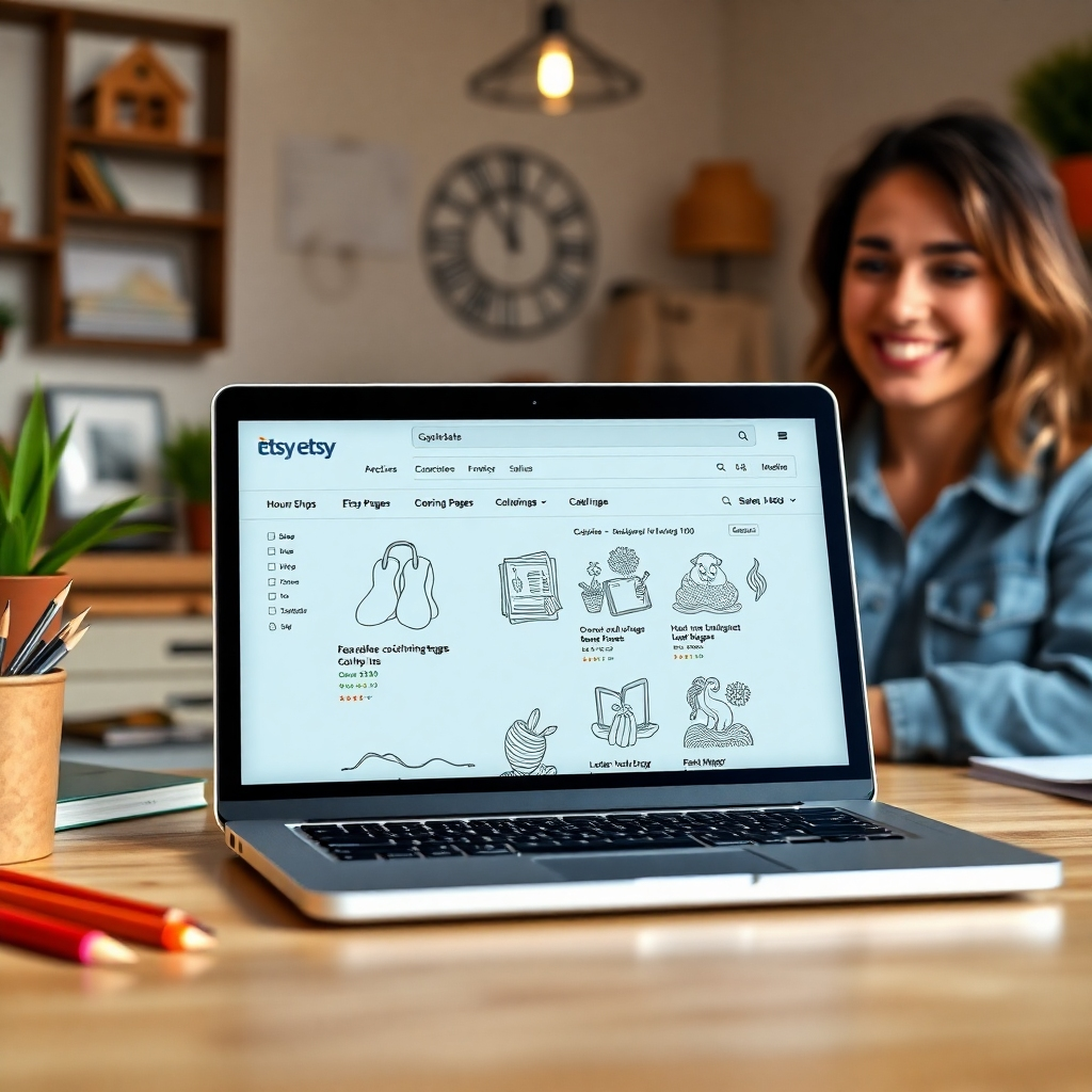 A photorealistic image depicting a laptop displaying an Etsy shop interface showing successful sales of coloring pages.  The background should show a happy business owner smiling and working. High resolution, realistic lighting, and attention to detail.