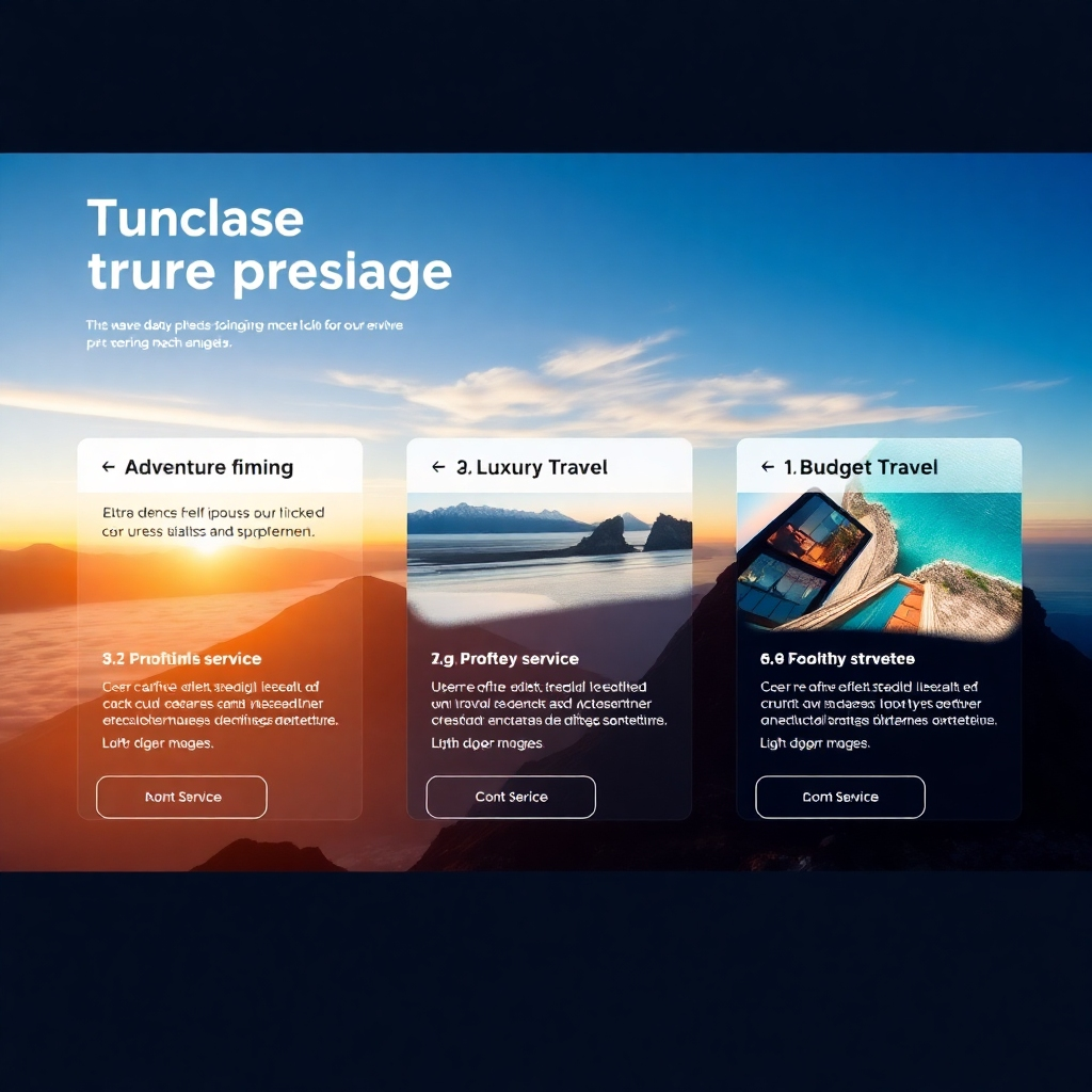 A photorealistic image depicting a section of a travel agency's one-page website, focusing on a visually appealing display of their unique services.  Include high-quality images representing adventure travel (e.g., mountain climbing), luxury travel (e.g., a private beach), and budget travel (e.g., a vibrant city street).  Each service should have a concise description and a compelling call to action.  The design should be clean, modern, and easy to navigate.
