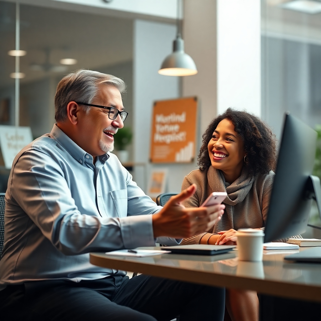A photorealistic image depicting a friendly mentor and mentee engaged in a video conference. The mentor is actively sharing information, with a warm, supportive demeanor. The setting should be a brightly lit, modern office space with motivational elements subtly placed in the background. Focus on the positive energy and interaction between the two individuals.