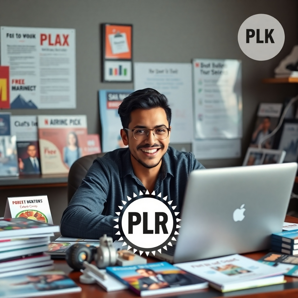 A photorealistic image depicting a person smiling confidently while sitting at a laptop, surrounded by various digital assets and marketing materials, with a subtle overlay of a PLR logo or symbol, suggesting ease of product creation and success.