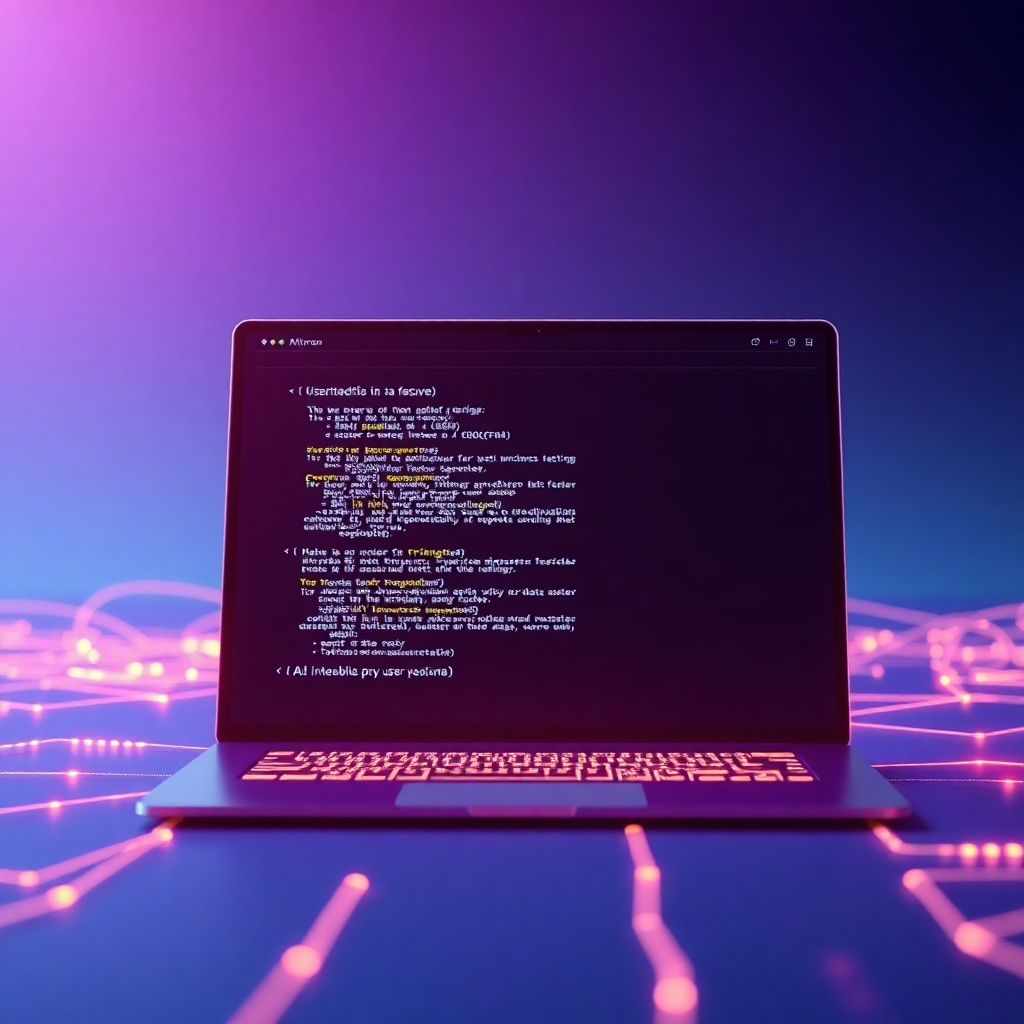 A photorealistic image depicting a futuristic, sleek interface showing AI algorithms building a website in real-time.  The background should be a subtle gradient of blues and purples, and the website should be a clean, modern design with a focus on user experience. Include glowing lines of code representing AI processing.
