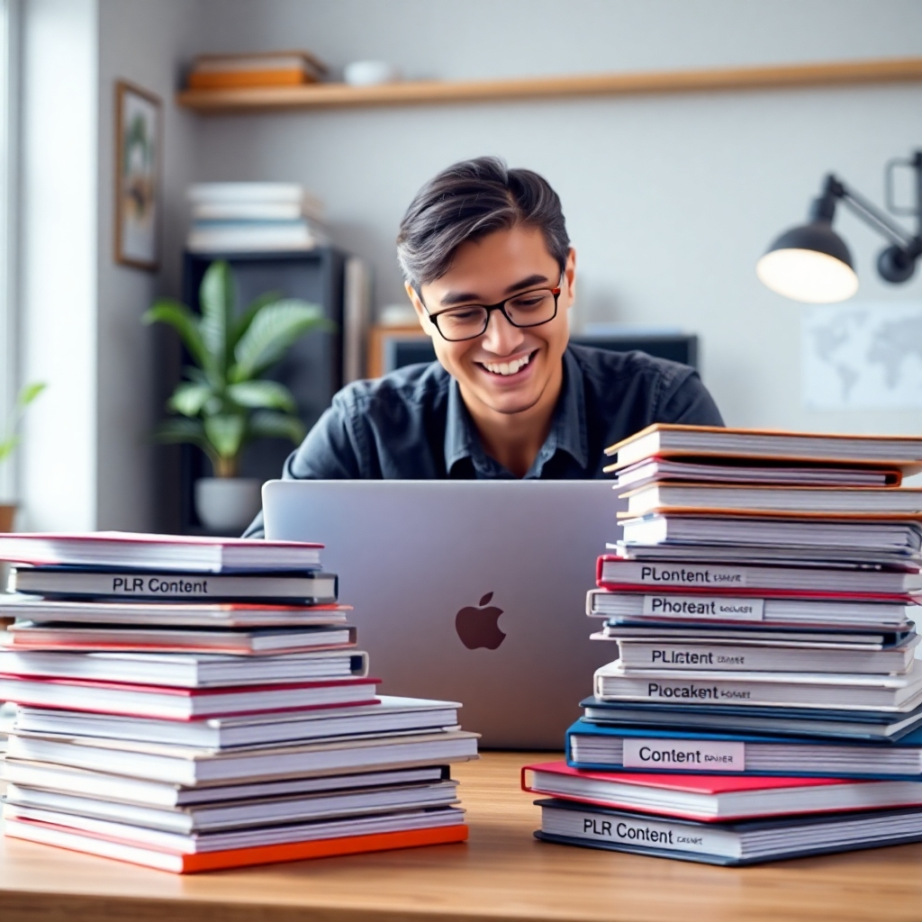 A photorealistic image depicting a person smiling and looking at a laptop, surrounded by stacks of neatly organized notebooks and folders labeled 'PLR Content'. The background should be a home office environment, highlighting productivity and organization.