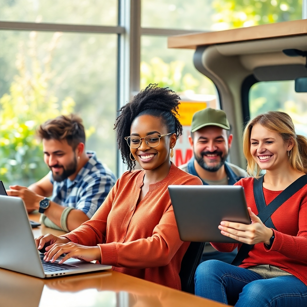 A photorealistic image depicting a diverse group of people happily engaged in various side hustles: one person coding at a laptop, another selling handmade crafts at a market, a third driving a delivery vehicle, and a fourth teaching an online class, all with expressions of satisfaction and financial ease. The background should showcase vibrant, natural light and a feeling of success.