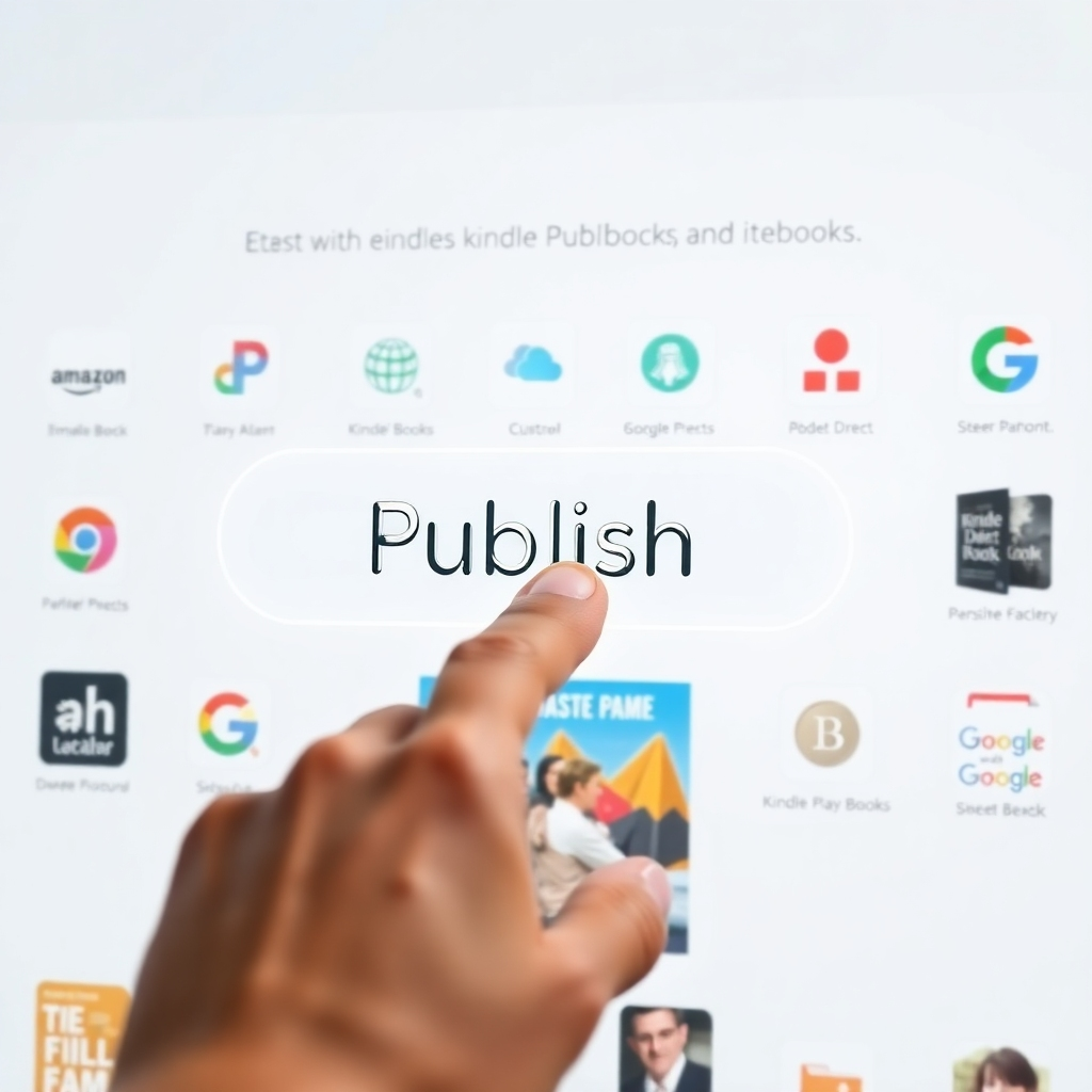 A photorealistic image depicting a hand clicking a large, prominent "Publish" button on a clean and modern interface. The background should showcase various online platforms and marketplaces where the ebook can be published, including Amazon Kindle Direct Publishing, Google Play Books, and other relevant platforms. The ebook cover itself should be prominently displayed, showcasing an attractive and engaging design. The overall feeling should be one of accomplishment and ease of use.