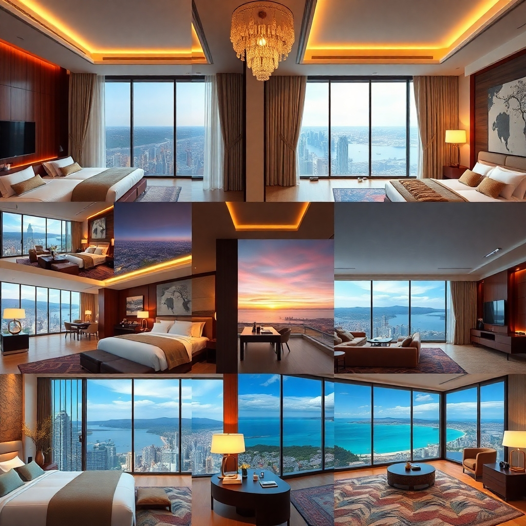 A photorealistic image depicting a montage of luxurious hotel rooms and suites across different styles and locations. Include a mix of modern, classic, and boutique styles.  Show details like plush bedding, stunning views, and high-end amenities.