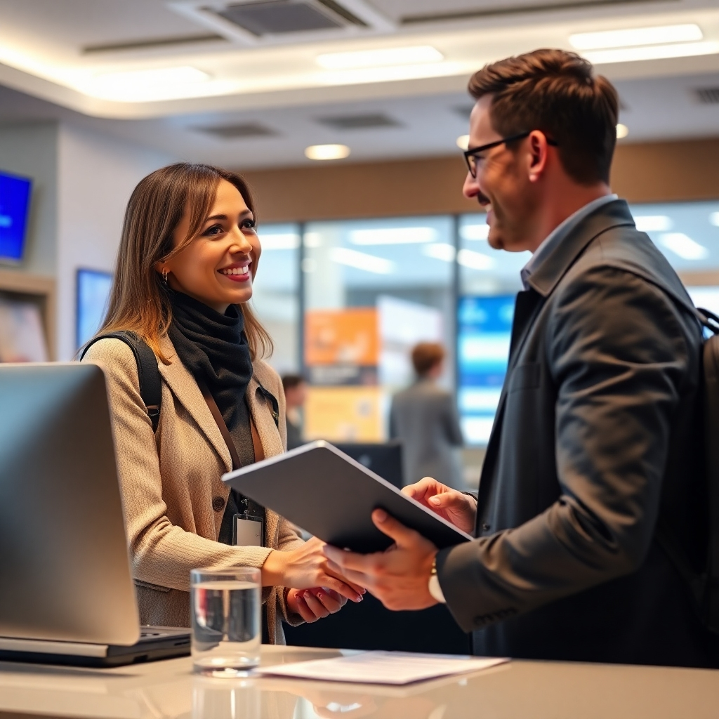 A photorealistic image depicting a friendly travel agent assisting a customer with flight bookings. The scene should be set in a well-lit and modern travel agency office. The travel agent and customer should be clearly visible and interacting positively. The image should convey a sense of trust, professionalism, and personalized service.