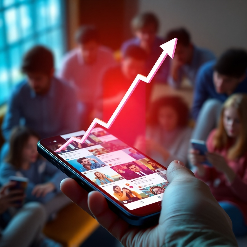 A photorealistic image depicting a graph sharply increasing, overlaid on a phone displaying various engaging social media posts, with a backdrop of diverse people interacting online. The overall tone is vibrant and positive, emphasizing growth and connection.