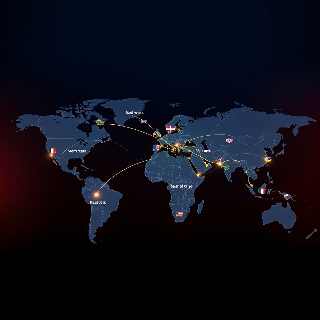 A photorealistic image depicting a world map with flight routes connecting major cities across continents, highlighting various flags and travel icons. The style should be vibrant and modern, conveying a sense of global connectivity and ease of travel. The image should have high resolution and be well-lit, with a focus on clarity and detail.