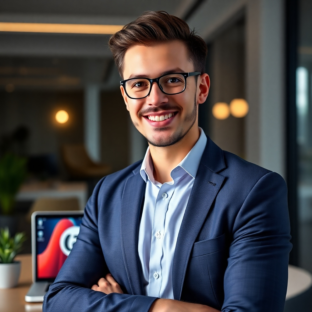 A photorealistic image depicting a confident businessperson standing in their modern office, smiling and looking directly at the camera, with a partially visible laptop displaying a WebAidR logo in the background, implying they've successfully created a website.  The image should convey efficiency and success.