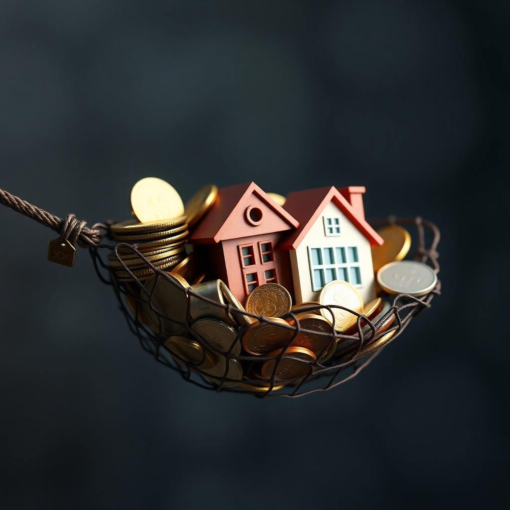 A photorealistic image depicting a strong, sturdy net filled with various symbolic representations of financial security (e.g., coins, savings bonds, a house).  The background should be slightly blurred, suggesting a sense of stability and protection from potential financial risks.