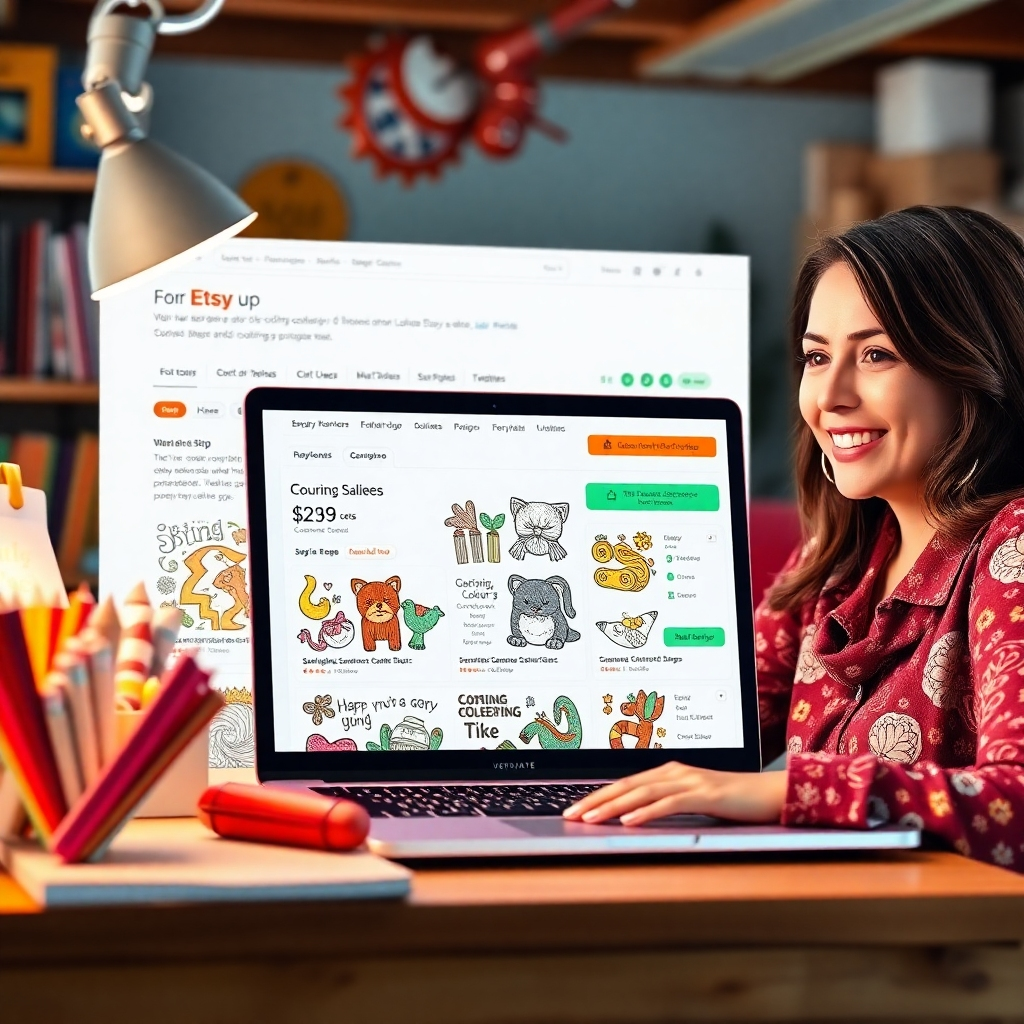 A photorealistic image of a bustling Etsy shop homepage showcasing a variety of colorful coloring page listings, with positive customer reviews and high sales numbers prominently displayed.  The overall aesthetic should be bright, cheerful, and inviting, suggesting ease of use and high profitability. The image should include a laptop displaying Etsy sales data and a happy, successful-looking business owner smiling in the background.