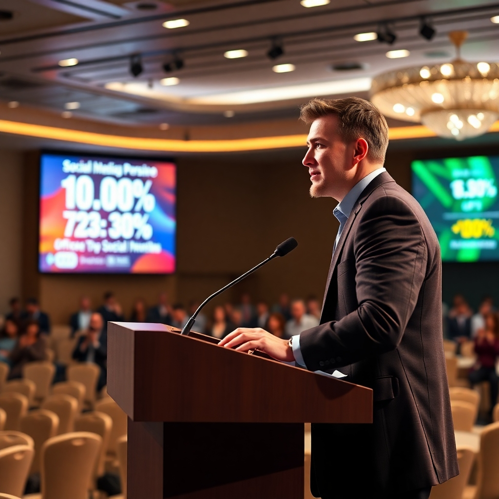 A photorealistic image of a confident person speaking at a podium in a well-lit conference hall, with a large screen in the background showcasing their social media presence and positive statistics. The image should convey expertise and success.