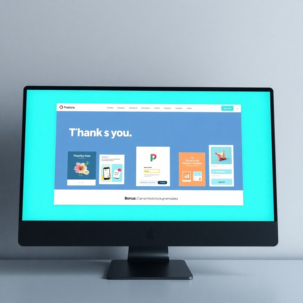 A photorealistic image of a computer screen displaying a thank you page with a section dedicated to showcasing the free Canva mockup templates. The templates should be visually appealing and displayed with high-quality graphics, demonstrating their professional look and feel. The section should have a title like "Bonus: Canva Mockup Templates" with a short description. The background color should match the overall theme of the thank you page.