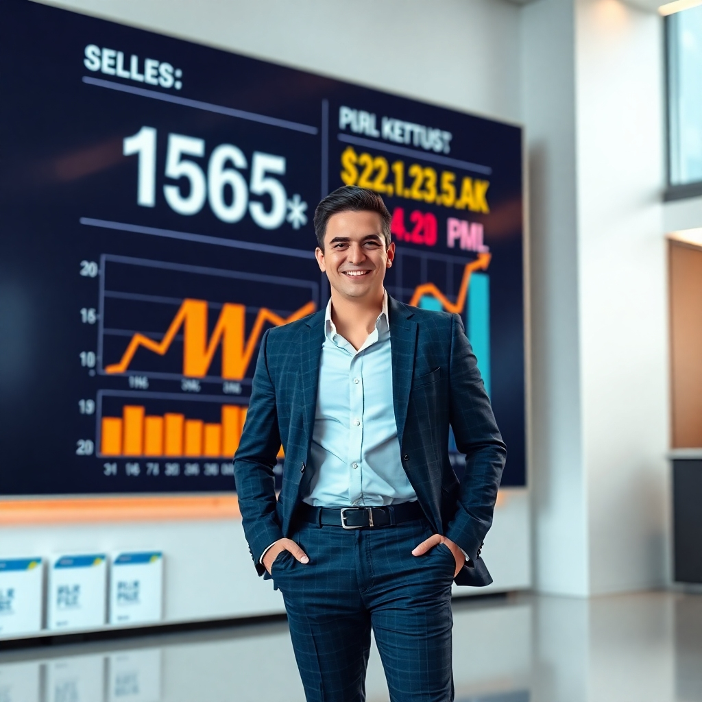A photorealistic image of a confident person standing victoriously in front of a large screen displaying sales figures and positive marketing metrics, with a digital representation of PLR products subtly in the background. The overall aesthetic is sharp, modern and corporate.
