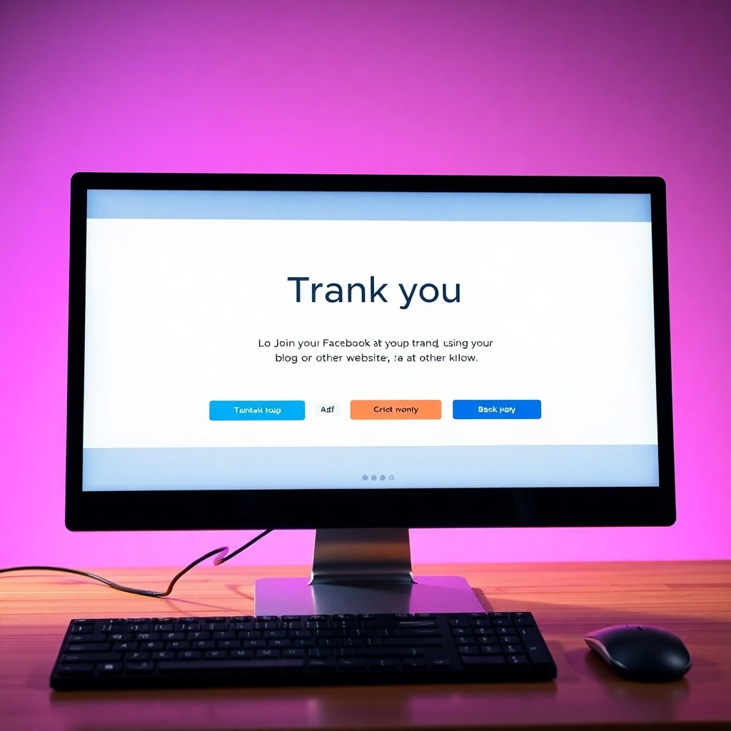 A photorealistic image of a computer screen displaying a thank you page with a section encouraging further engagement.  This section should include buttons or links that clearly invite customers to join a Facebook group, visit a blog or other relevant websites, and/or check out other related products.  The design should be clean and easy to navigate, with clear and visually appealing buttons and links, making it easy for the customer to engage further.