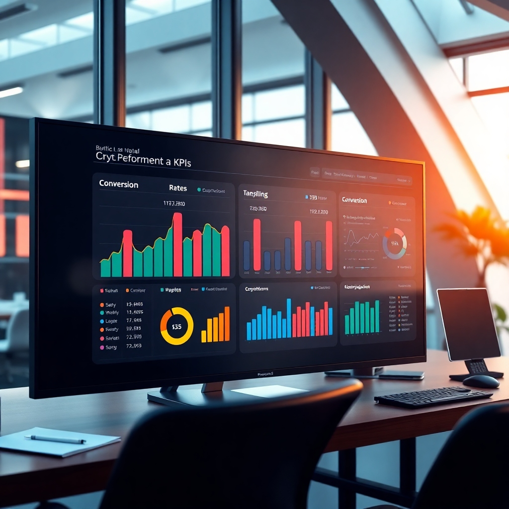 A photorealistic image of a dashboard displaying key performance indicators (KPIs) like conversion rates and click-through rates. The dashboard should be displayed on a large monitor in a modern, tech-focused office. Include charts, graphs, and numbers showing positive growth and improvement.