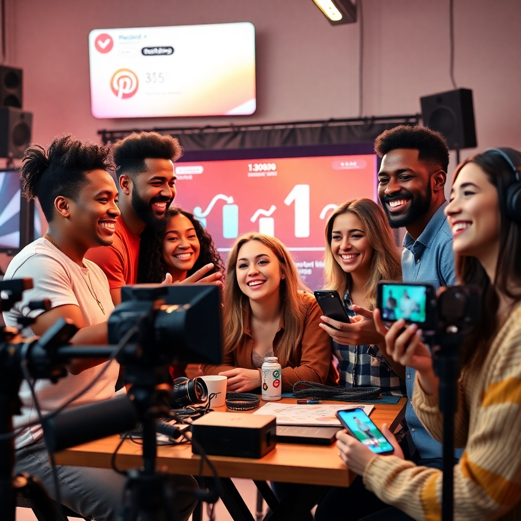 A photorealistic image of a diverse group of happy influencers and content creators collaborating and creating content together. The image should depict a vibrant and energetic atmosphere with high-quality equipment, props, and trendy backdrops.  Social media platforms and engagement metrics should be subtly displayed in the background.