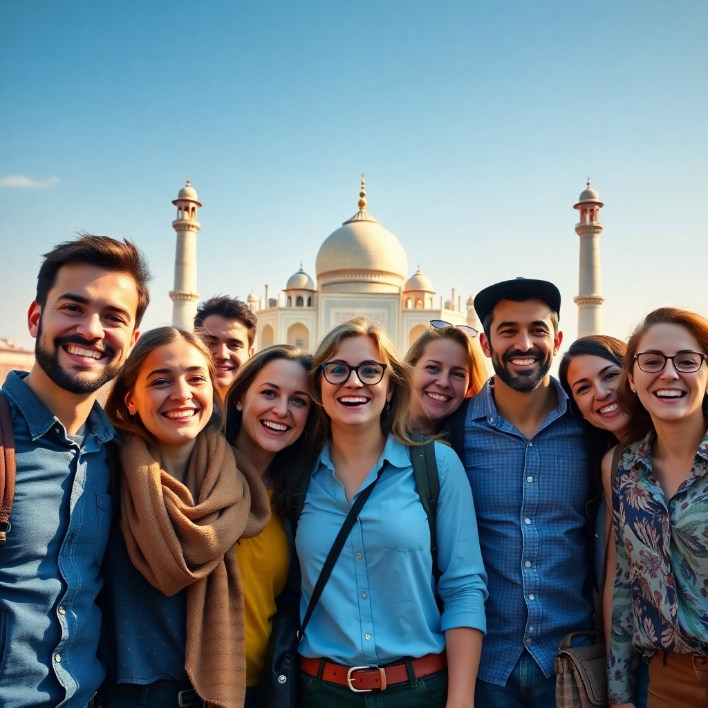 A photorealistic image of a diverse group of happy people, of different ages and ethnicities, standing together in front of a stunning landmark, such as the Eiffel Tower or the Taj Mahal, with bright sunlight and clear blue skies. The people are all smiling and looking excited, showcasing the joy and diversity of travel experiences. The image should have a vibrant and energetic atmosphere, highlighting the personal and customized nature of travel.