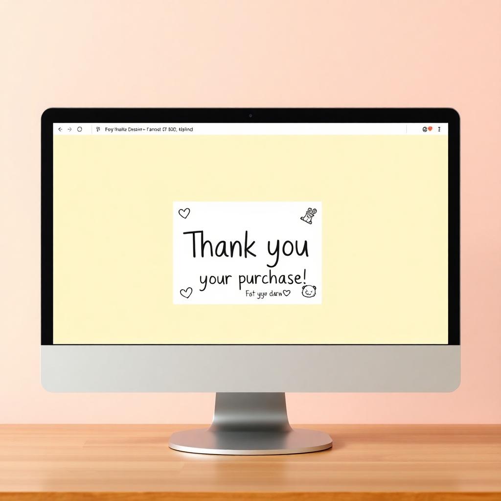 A photorealistic image of a digital thank you page on a computer screen. The page should have a clean design with a warm color palette and feature a hand-drawn image of a coloring page with a heartfelt message that says "Thank you for your purchase!" along with a few friendly icons. The background should be a soft pastel color, creating a calming and positive atmosphere. High resolution, detailed, and vibrant colors.