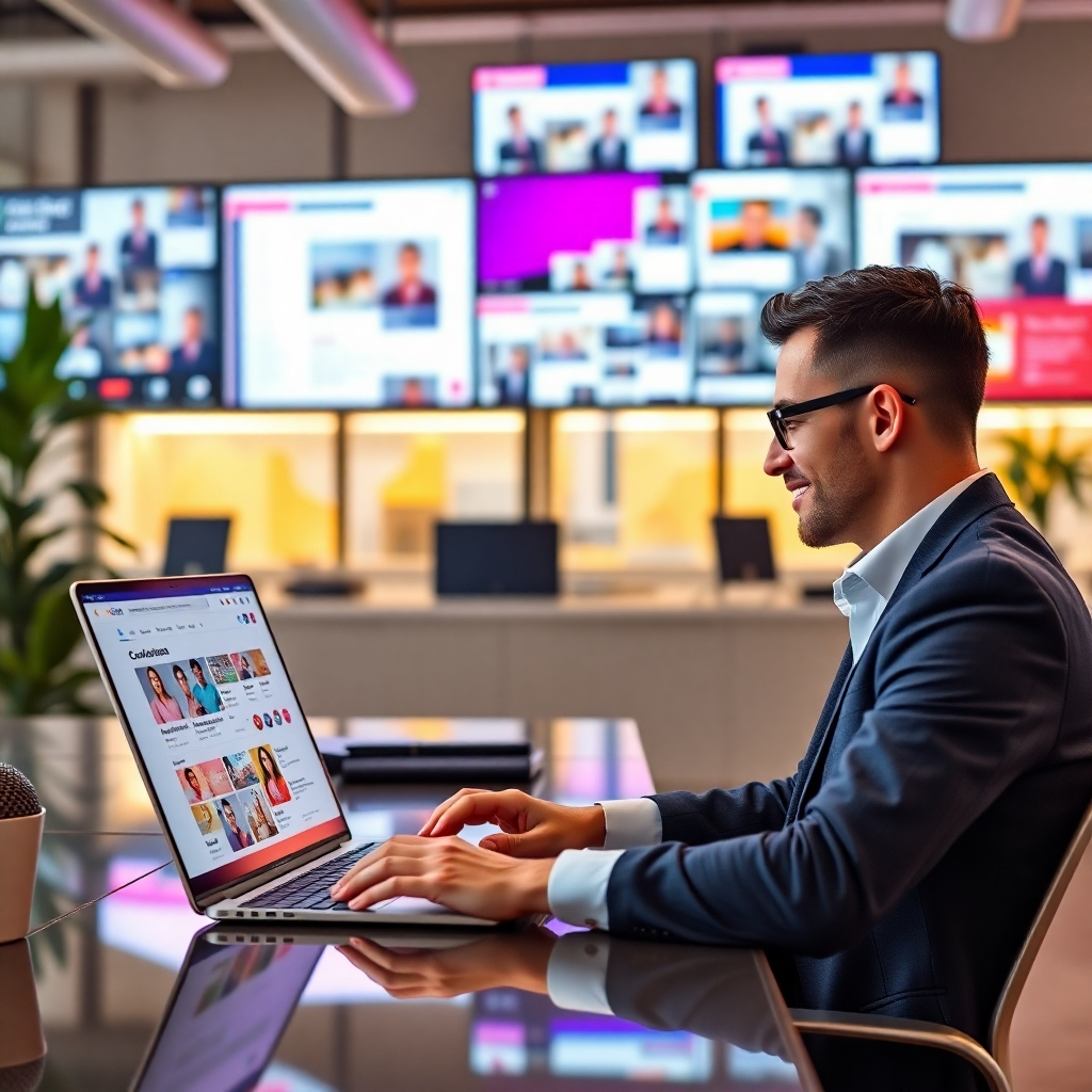 A photorealistic image of a focused, professional social media manager working on a laptop in a vibrant, modern office. The screen displays a social media management tool with various content ideas and scheduling options.  In the background, several screens show various social media platforms with engaging content.
