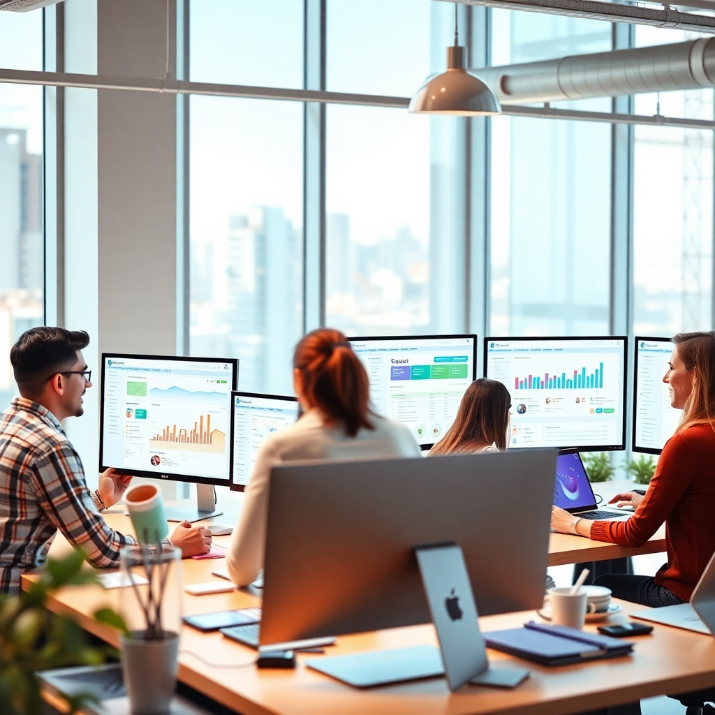 A photorealistic image of a friendly team working collaboratively in a bright, modern office, with various social media dashboards visible on computer screens.  The scene should convey a sense of positive energy and teamwork, with natural light streaming through large windows.  Focus should be on genuine interaction and collaboration, not staged perfection.