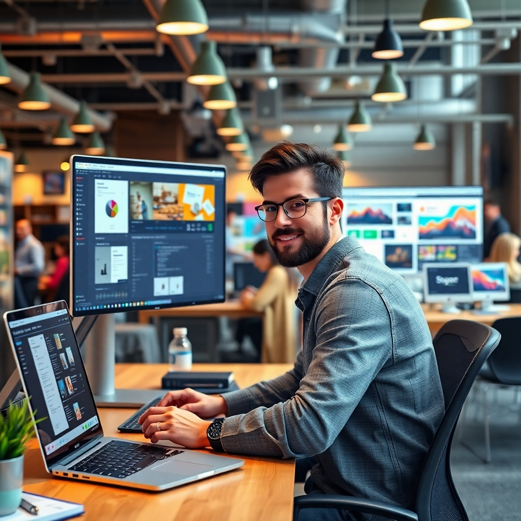 A photorealistic image of a freelancer working from a co-working space, showcasing multiple laptops and screens displaying different projects.  The background should be a bustling co-working environment, highlighting the diversity of tasks. The freelancer should look confident and organized.