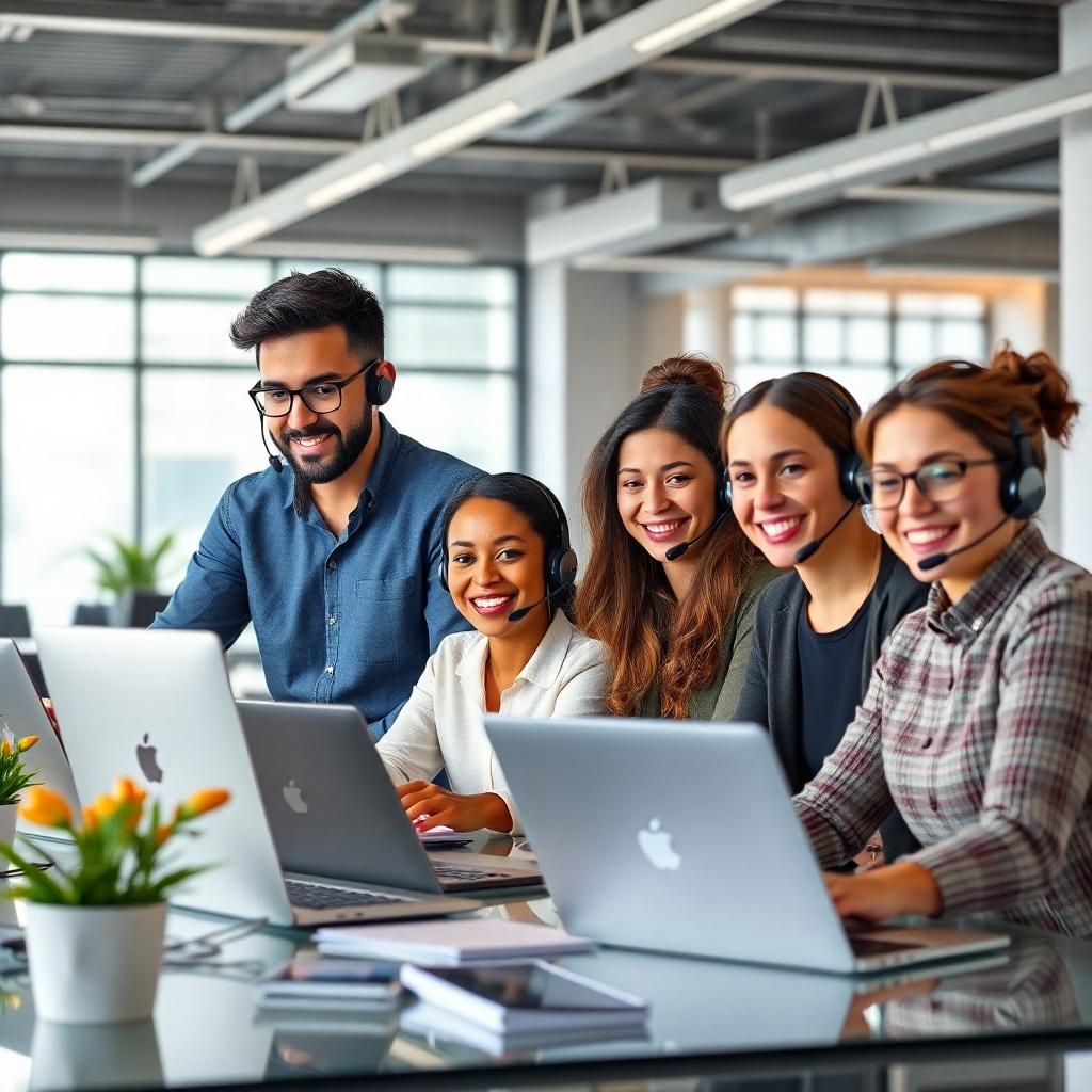 A photorealistic image of a friendly, diverse support team working collaboratively in a modern, open-plan office.  The image should convey a sense of helpfulness and professionalism.  Include laptops, phones, and other technology elements to reinforce the tech support aspect.