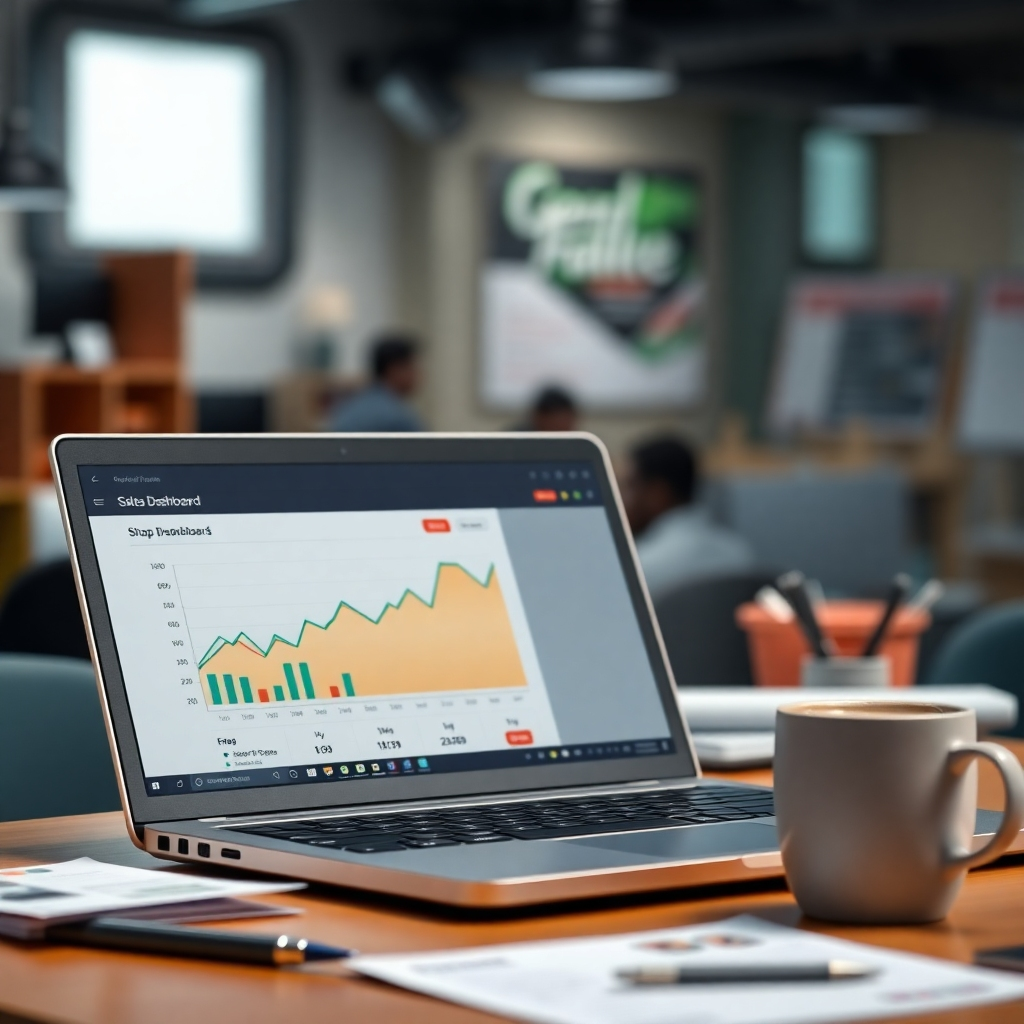 A photorealistic image of a graph showing a sharp upward trend, with a laptop displaying a sales dashboard in the foreground.  The laptop should be positioned on a desk with some marketing materials and a cup of coffee. The background should be blurred, suggesting a busy but productive workspace. The overall mood should be one of excitement and achievement.