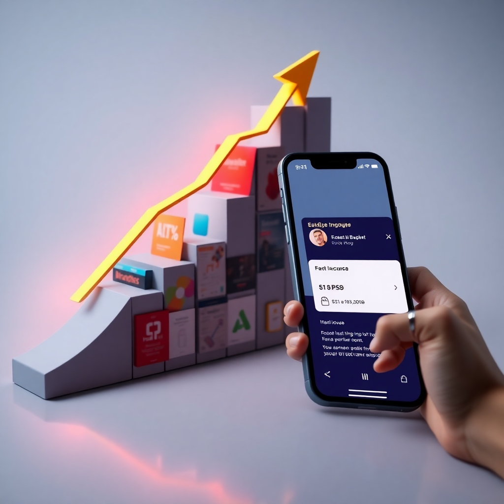 A photorealistic image of a graph showing exponential income growth, overlaid with images of digital products (eBooks, online courses, etc.) and a smartphone displaying a sales notification, symbolizing fast income generation from PLR.