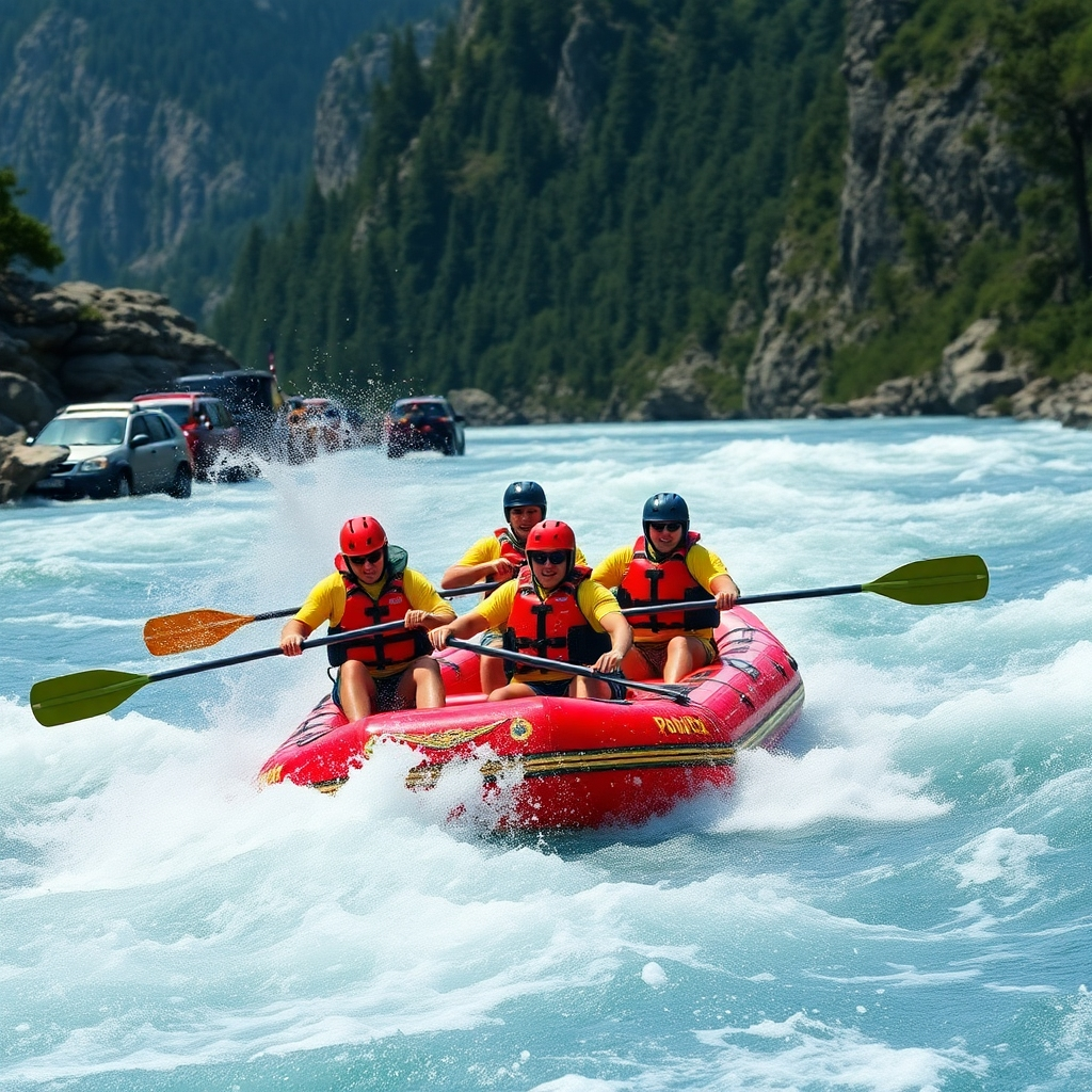 A photorealistic image of a group of people white water rafting down a powerful river. The image should emphasize the excitement and teamwork involved, with splashes of water and dynamic movement. The background should feature a stunning natural landscape, such as a lush forest or dramatic canyon. High resolution, cinematic lighting, detailed textures, 8k