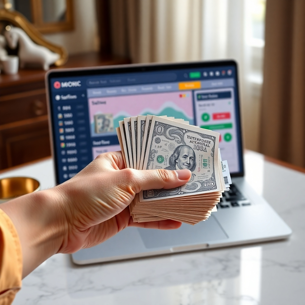 A photorealistic image of a hand holding a stack of cash with a laptop displaying a successful Etsy shop sales dashboard in the background.  The screen shows significant sales revenue from digital products, with the coloring page bundle prominently featured.  The overall scene should be luxurious and represent significant financial success.