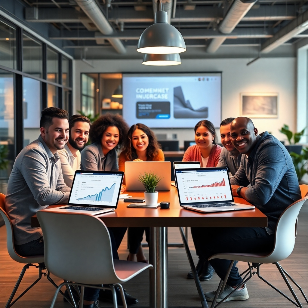 A photorealistic image of a happy, diverse group of small business owners collaborating around a table, with laptops open showing social media dashboards and graphs indicating growth. The background should feature a modern, well-lit office space with branding elements subtly incorporated.