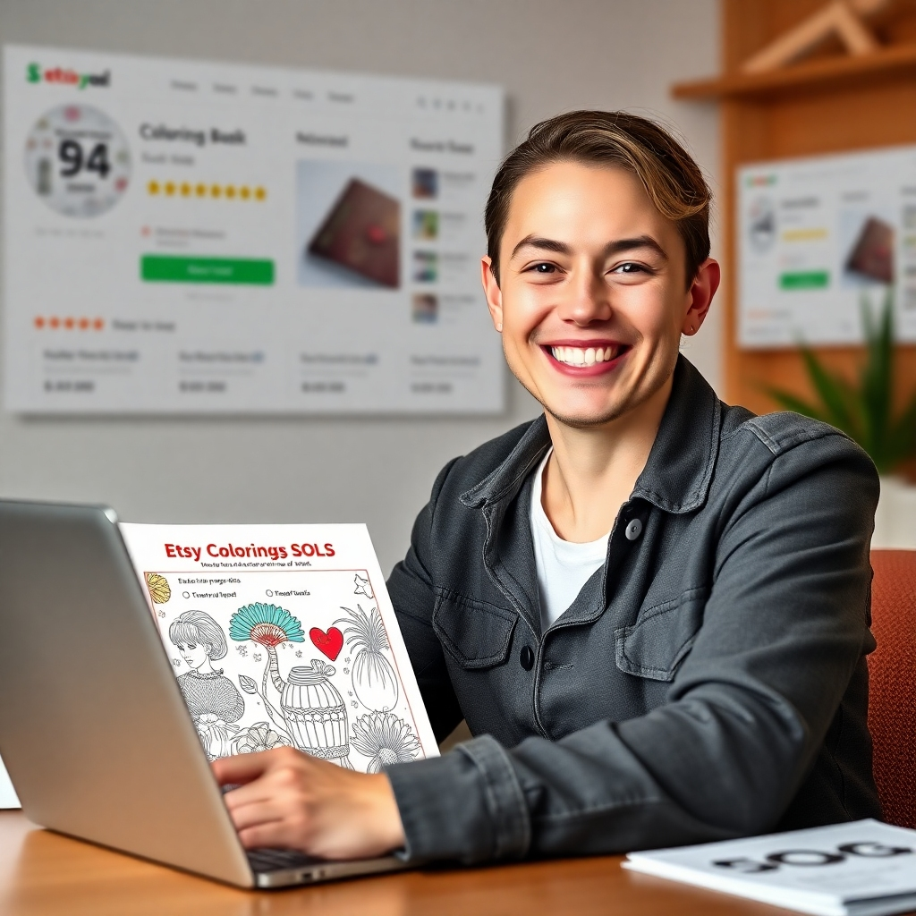 A photorealistic image of a happy Etsy seller smiling at their laptop, showing a successful Etsy shop with many sales of a coloring book. The coloring book should have a vibrant cover featuring various coloring page designs.  The background should show positive sales data and happy customer reviews on the Etsy shop page. The overall mood should be cheerful and successful.
