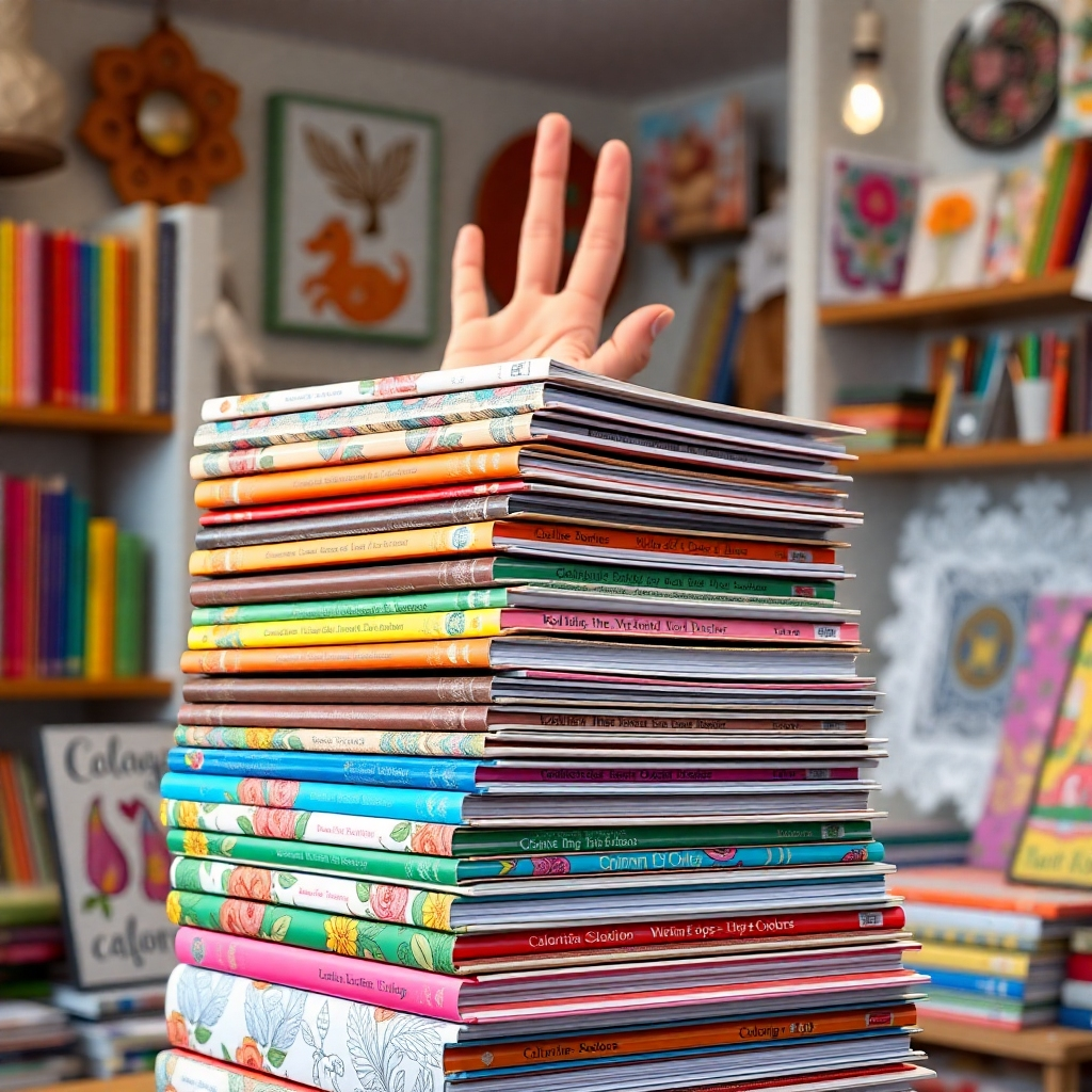 A photorealistic image of a hand reaching for a large, colorful stack of coloring books, each with unique designs visible on the covers. The background should be a soft, well-lit Etsy shop setting. High resolution, detailed textures, vibrant colors.