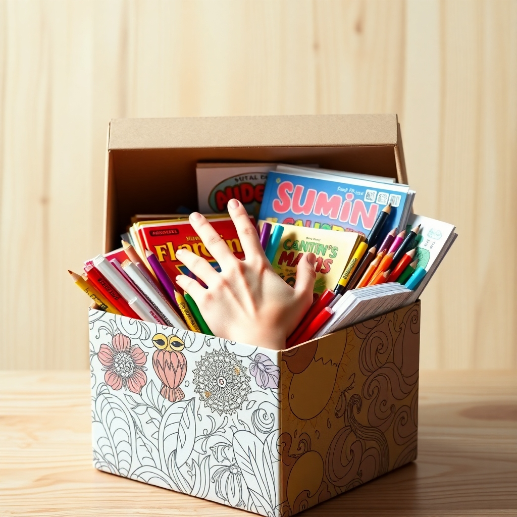 A photorealistic image of a hand reaching into a large, overflowing box filled with various colorful coloring books, showcasing the diversity in themes and styles. The background should be a soft, light-colored wooden table, and the overall lighting should be bright and inviting, highlighting the vibrancy of the coloring books.