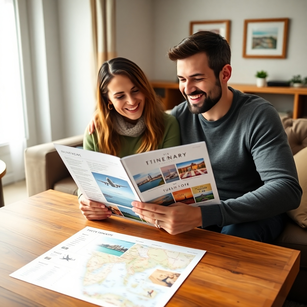 A photorealistic image of a happy couple looking at a custom-designed travel itinerary laid out on a wooden table in a cozy living room setting. The itinerary should showcase various destinations with relevant images, including details of flights, hotels, and activities. The couple should be relaxed, smiling, and excited about their upcoming trip. The image should be warm, inviting, and high-resolution.