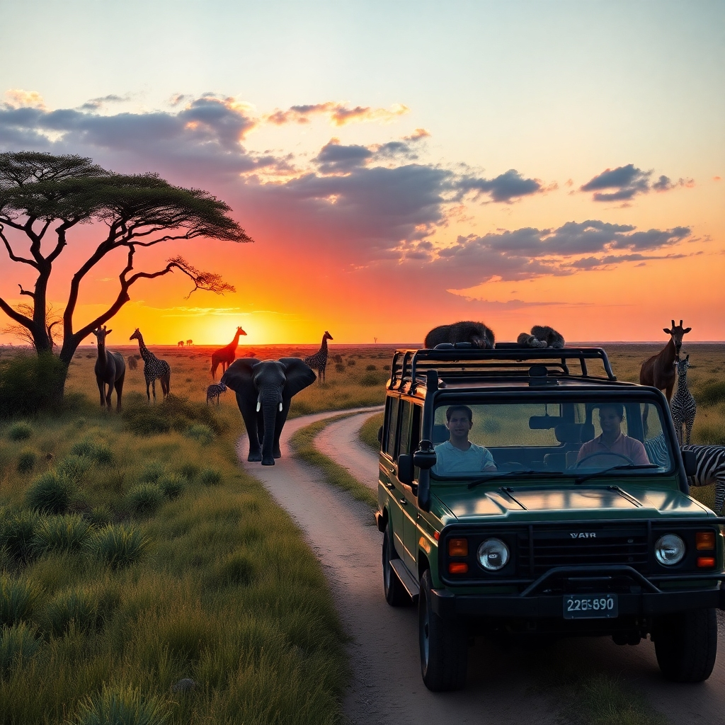 A photorealistic image of a jeep safari in the African savanna at sunrise or sunset. The scene should include a variety of wildlife, such as lions, elephants, giraffes, and zebras, interacting naturally. The vegetation should be lush and detailed, with a clear, expansive sky. High resolution, cinematic lighting, detailed textures, 8k
