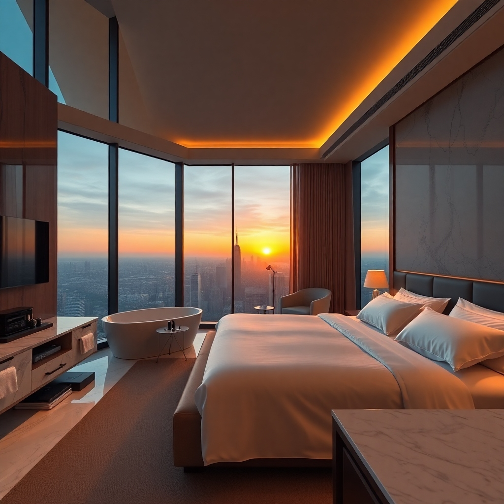A photorealistic image of a luxurious hotel suite with a king-size bed, large windows overlooking a cityscape at sunset, a marble bathroom with a soaking tub, and modern amenities such as a smart TV and espresso machine. The overall style should be elegant and sophisticated, with warm lighting and rich textures.