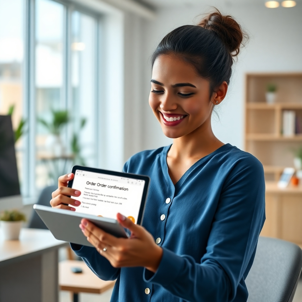 A photorealistic image of a person smiling while looking at a tablet displaying a simple, clean order confirmation page with a cheerful, modern design.  The background should be a brightly lit office with a minimalist aesthetic.  The tablet should show a clear confirmation message and order details.