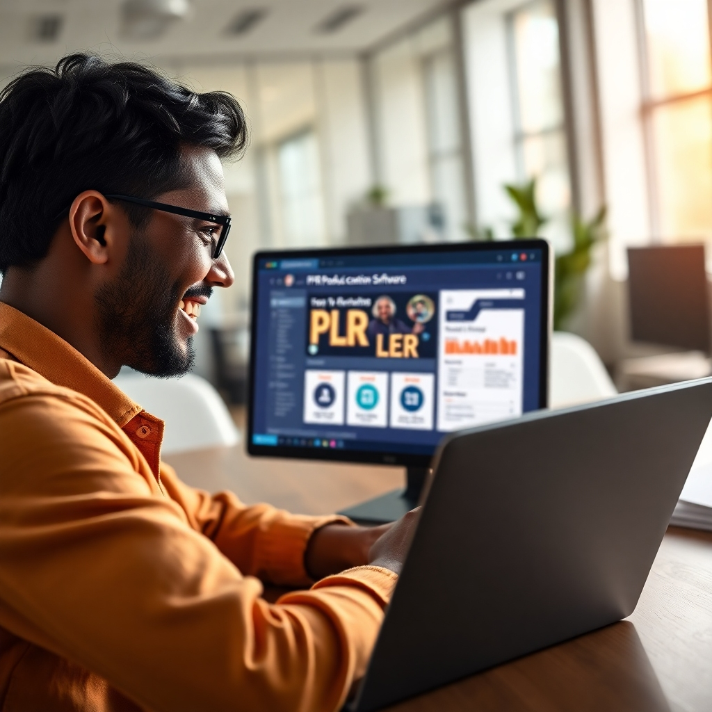 A photorealistic image of a person smiling and looking at a laptop screen showing a PLR product creation software interface.  The background should be a modern, bright office space. The overall mood should be one of ease and success.  The image should be sharp, well-lit, and have a professional feel.