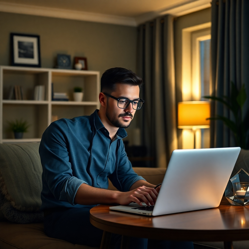 A photorealistic image of a person in business casual attire working on their laptop after hours, in a well-lit and comfortable home environment.  The image should subtly convey a balance between work life and personal life, emphasizing the flexibility of the side hustle.