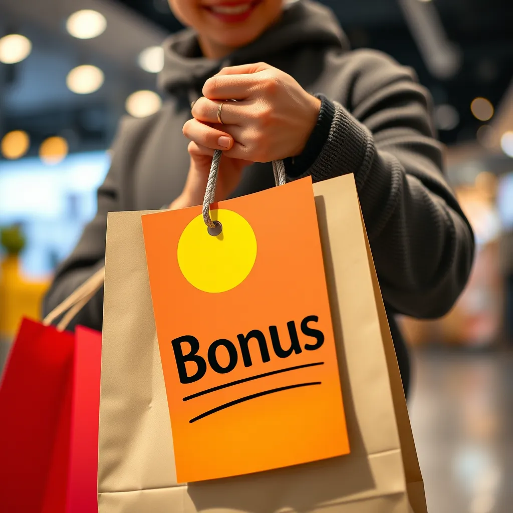 A photorealistic image of a person confidently holding a shopping bag with a large price tag labeled 'Bonus' and a bright yellow sticker, suggesting a feeling of satisfaction and financial savings.