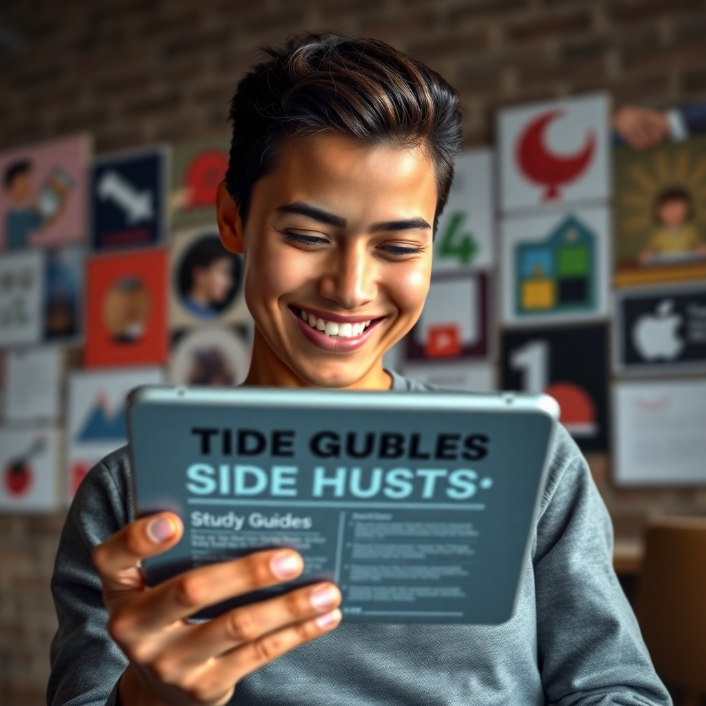 A photorealistic image of a person smiling confidently while looking at a digital tablet displaying a detailed study guide about various side hustles. The background should subtly show diverse side gig imagery (e.g., graphic design, social media management, freelance writing).