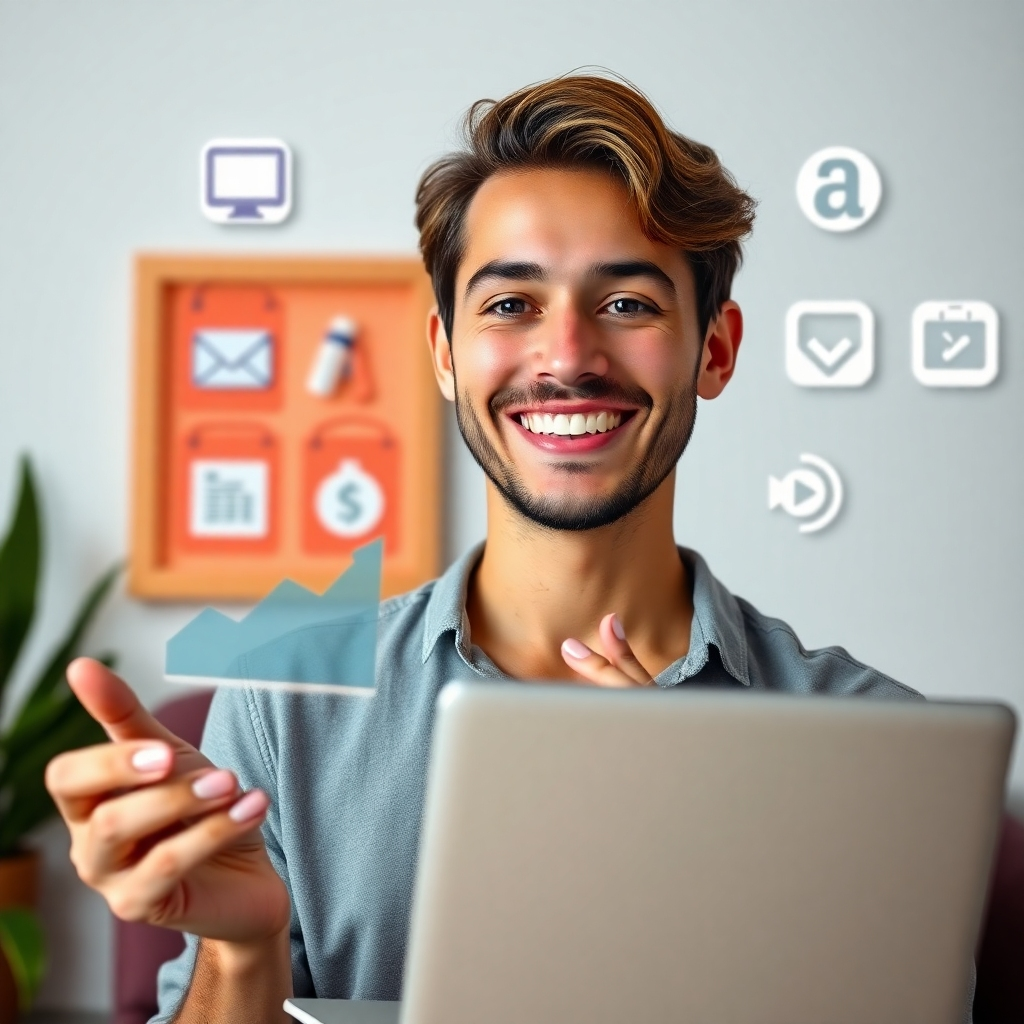 A photorealistic image of a person smiling confidently, holding a laptop showing a graph of increasing income, with various icons representing different side hustles (e.g., writing, design, online tutoring) subtly displayed in the background. The overall mood should be vibrant and optimistic, suggesting success and financial freedom.