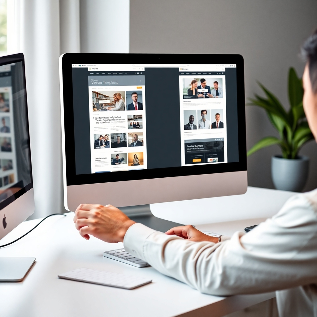 A photorealistic image of a person using a computer and selecting high quality web page templates from a clean, modern interface. The templates showcase sleek designs and professional layouts. WebAidR branding should be subtly integrated.