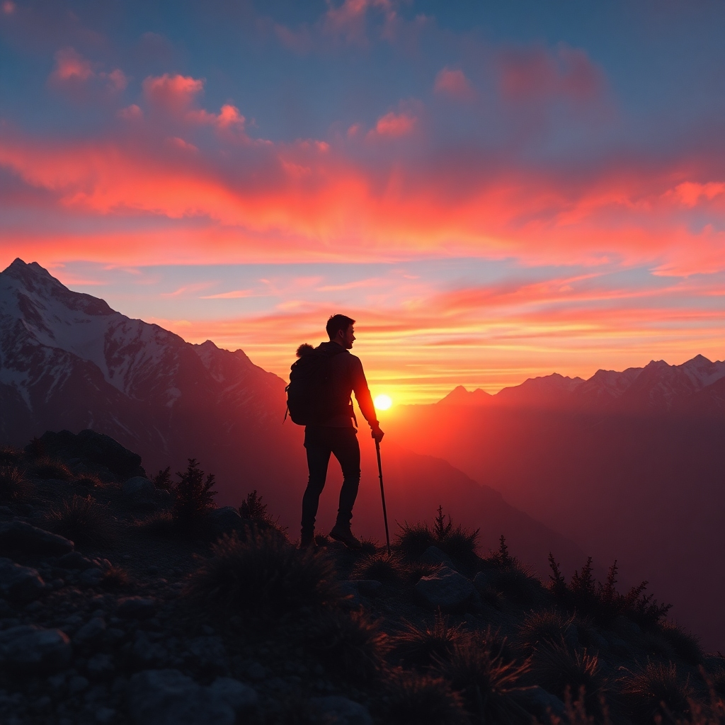 A photorealistic image of a person trekking through a high-altitude Andean mountain range. The person should be silhouetted against a vibrant sunset, with snow-capped peaks in the background. The foreground should feature rugged terrain and sparse vegetation, conveying the sense of challenge and remoteness. High resolution, cinematic lighting, detailed textures, 8k