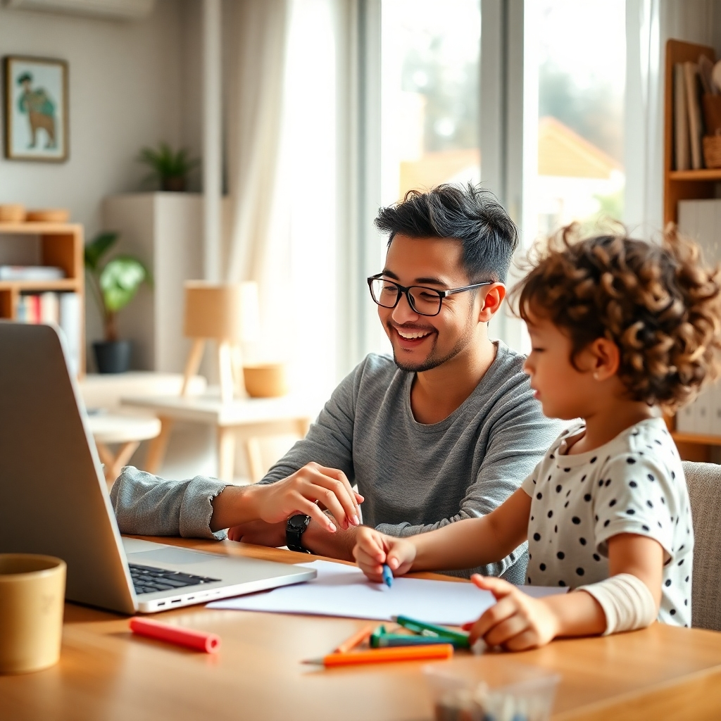 A photorealistic image of a person contentedly working from home, seamlessly blending work and leisure. They might be working on a laptop while their child playfully draws nearby. The background displays a cozy, well-organized home office with natural light, emphasizing a feeling of balance, calm, and freedom.
