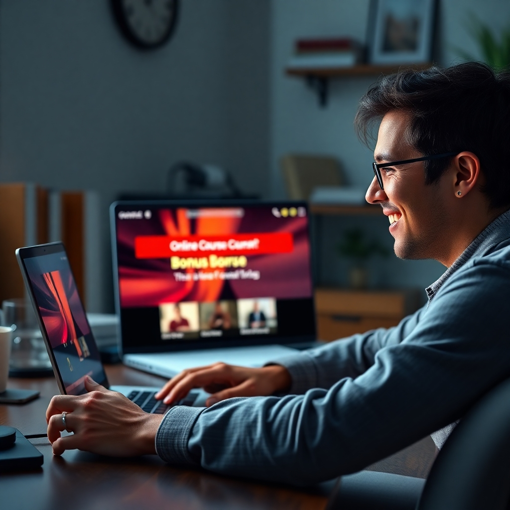 A photorealistic image of a person smiling while looking at a laptop displaying a vibrant, engaging online course interface with bonus content highlighted. The background should subtly show a home office setting with relevant business tools and books. The overall mood should be one of excitement and success.