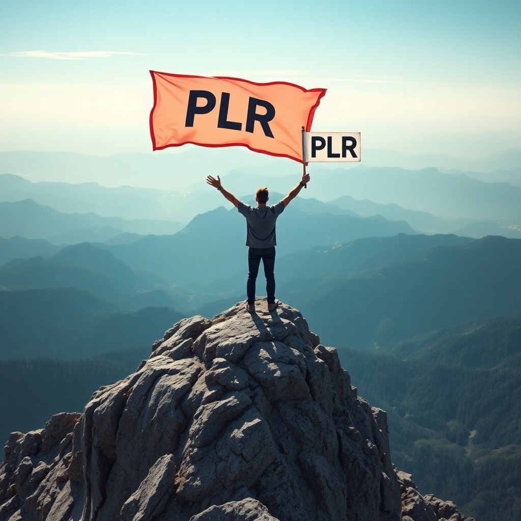 A photorealistic image of a person standing triumphantly at the top of a mountain peak, representing market dominance, with a banner that says 'PLR' waving in the wind, symbolizing the use of PLR as a tool for achieving success.