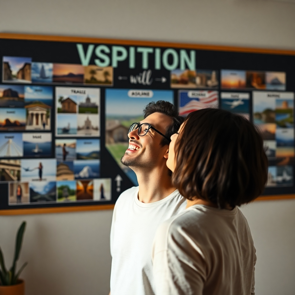 A photorealistic image of a person excitedly looking at a vision board filled with images representing their aspirations (e.g., travel, a house, a degree).  The scene should be bright, and the person should look happy and fulfilled, showcasing a clear path to achieving their goals.